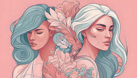Beautiful girls with long hair and flowers in their hair. Vector illustration.の素材