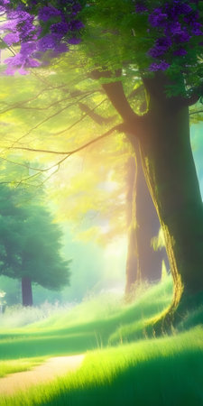 Beautiful fantasy landscape image of a foggy morning in the woodsの素材