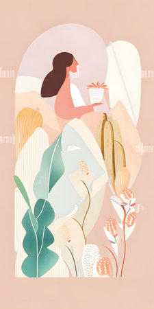 Vector illustration of a young woman with a gift box in her hands.の素材