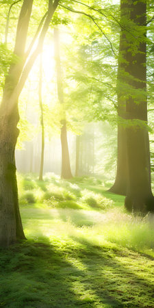 Morning in the forest with sunbeams passing through trees and grassの素材