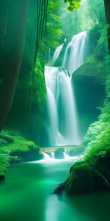 Beautiful waterfall in green forest, deep forest waterfall in deep forestの素材