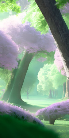 Fantasy landscape with trees and meadow. 3d illustration.の素材