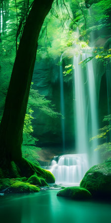 Beautiful waterfall in summer forest. Waterfall in the deep forest.の素材