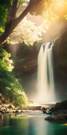 Beautiful waterfall in summer forest with sunbeams and lens flareの素材