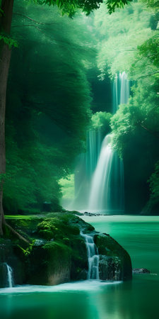 Beautiful waterfall in summer forest. Waterfall in the deep forest.の素材