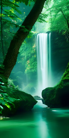Beautiful waterfall in summer forest. Waterfall in the deep forest.の素材