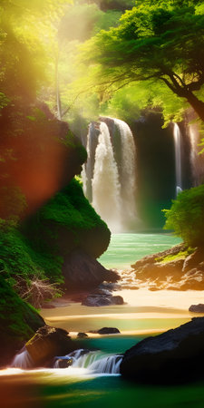 Waterfall in summer forest. Beautiful nature scene with waterfalls.の素材