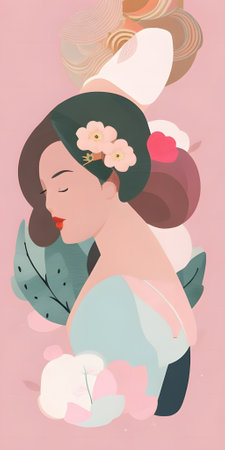 Beautiful girl in a hat with flowers in her hair. Vector illustration.の素材
