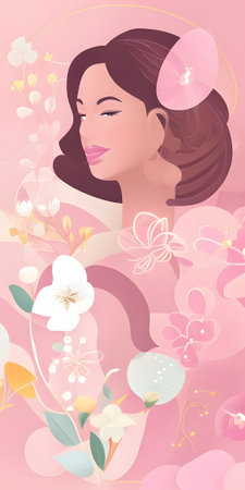 Beautiful girl with flowers on a pink background. Vector illustration.の素材