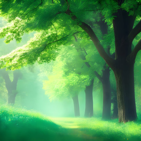 Beautiful summer landscape with green trees in a foggy forest.の素材