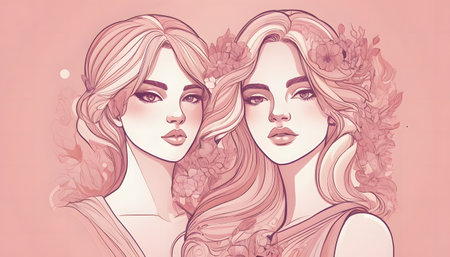 Two beautiful girls with long hair and flowers on a pink background.の素材