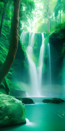 Beautiful waterfall in summer forest. Waterfall in the deep forest.の素材