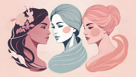 Portrait of beautiful women with different hairstyles. Vector illustration.の素材