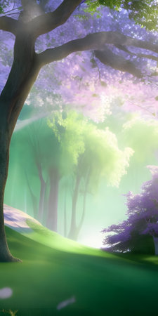 Beautiful landscape image of a fantasy forest with fog and sunbeamsの素材