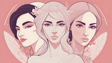 Three beautiful girls with different hairstyles and makeup. Vector illustration.の素材