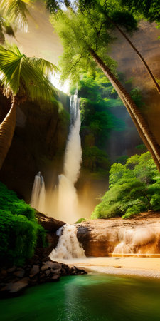 Tropical waterfall with palm trees in jungle. Nature background.の素材