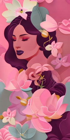 Vector illustration of a beautiful young woman with a lot of flowers.の素材
