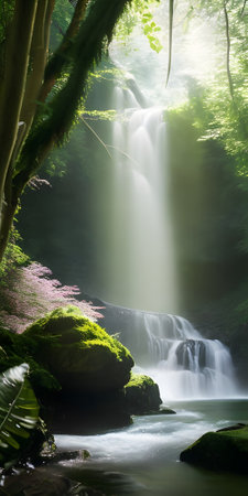 Beautiful waterfall in summer forest. Waterfall in the deep forest.の素材