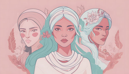Beautiful young women in turban with flowers. Vector illustration.の素材