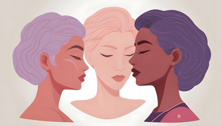 Illustration of a group of women with different hairstyles and makeupの素材