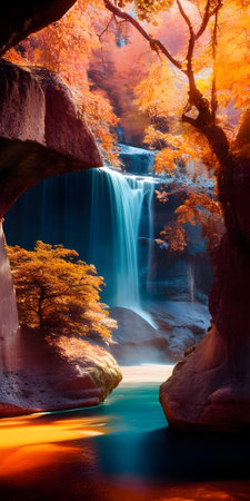 Waterfall in autumn forest. Beautiful landscape with waterfall in autumn forestの素材