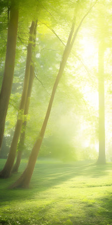 Morning in the forest with sunbeams and lens flare in summerの素材