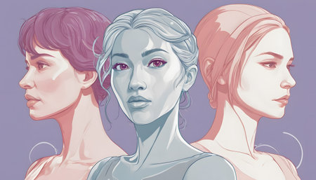 Three beautiful girls with different hairstyles and makeup. Vector illustration.の素材