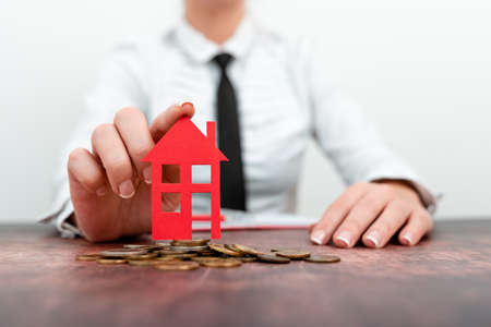 Lady Presenting New Home Savings Deals In Outfit, Business Woman Showing Possible Investment Oppurtiunities For New House, Mortegage Installments Exhibits For Recent Apartments Salesの写真素材