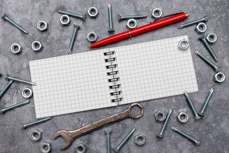 New Ideas, Brainstoming For Maintenance Planning, Repairing Solutions, Construction Project, Creative Thinking Nut And Bolts Pattern, Toolbox Implementsの写真素材