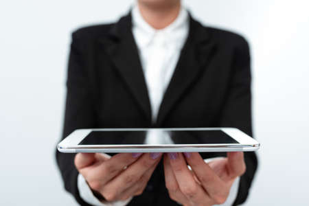 Presenting New Technology Ideas Fresh Technological Improvements Introducing Electronic Product Connecting People Video Calls Voice Messages Global Connectionsの写真素材