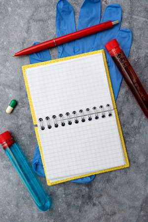 Writing Prescription Medicine Laboratory Testing Analyzing Virus Taking Important Notes Scientific Studies Treatment Plans Medical Supplies Equipments Toolsの写真素材
