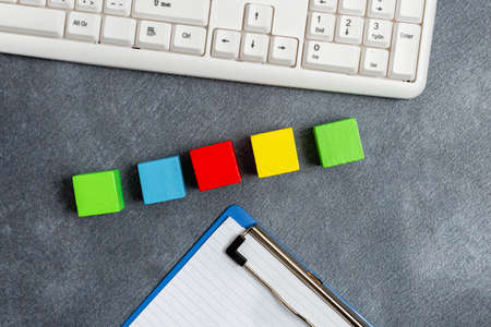 Sample Cube Rectangular Boxes Polished With Multi-Colour Symbolizing Stability Growth Development Aligned On Surface With Different Perspective Bounded By E-Supplies Accesoriesの写真素材