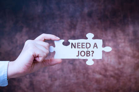 Text sign showing Need A Job Question. Business concept to recruit an individual for specific duty role or function Businesswoman Find Strategy For Resolving Connecting Missing Ideas At Workの写真素材