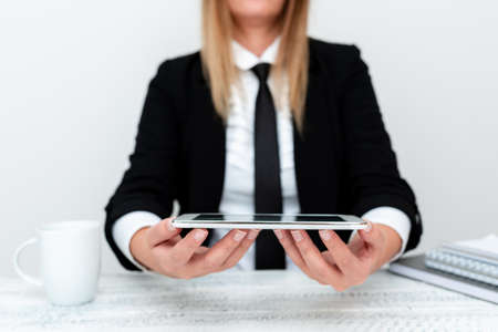 App Developer Presenting New Program, Displaying Upgraded Device, Entrepreneur Presenting Business Ventures, Abstract Discussing Modern Day Problems Solutionsの写真素材