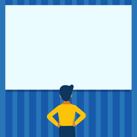 Man Drawing Standing Holding Hips Looking At An Empty Whiteboard. Student Design Stands And Hands On Hip Viewing Blank Board.のイラスト素材