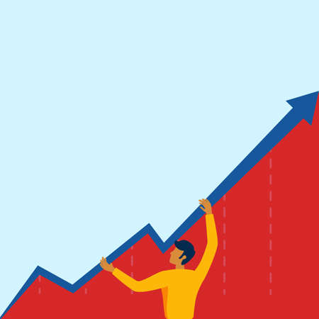 Man Standing Drawing Holding Graph Arrow Showing Business Growth. Businessman Design Stands While Grabbing Chart Diagram Displaying Increase And Rise.のイラスト素材