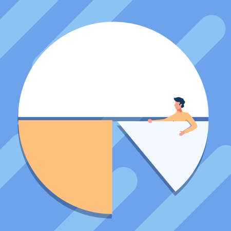 Man Drawing Holding A Pie Chart Piece Showing Graph Design. Gentleman Standing Design Completing A Circular Piece Of Diagram.のイラスト素材