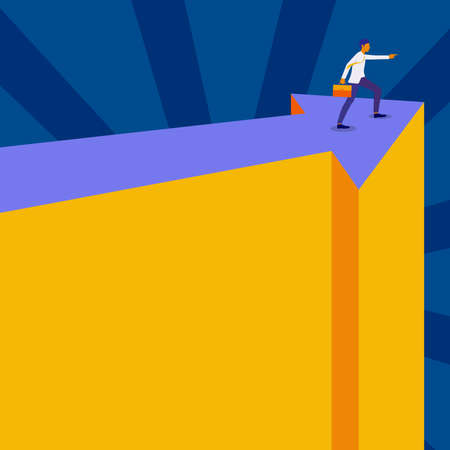 Man Illustration Carrying Suitcase Standing On Top Of Arrow Pointing Out Next Phase Targets. Gentelman Holding Bad Showing Direction For Achieving New Goals.のイラスト素材