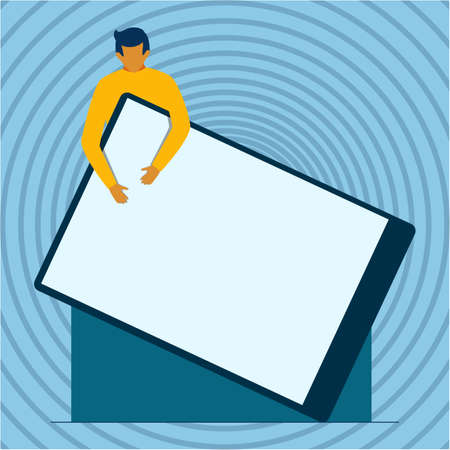 Gentleman Standing Drawing Holding Huge Blank Clip Board. Man Design Stands And Holds A Big Empty...