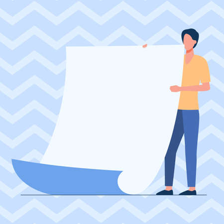 Man Standing Drawing Holding Large Blank Paper. Gentleman Design Stands And Holds Big Empty Sheet Showing New Meanings And Message.のイラスト素材