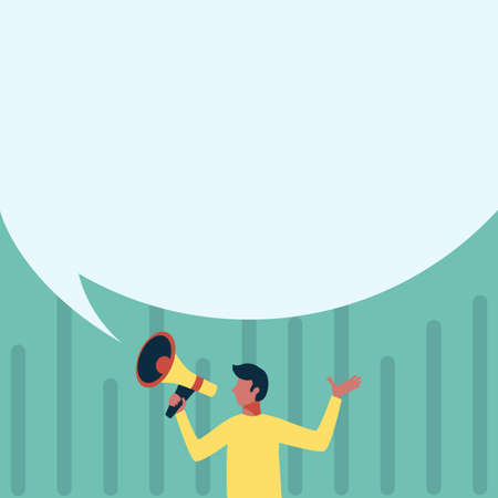 Man Standing Drawing Holds Megaphone With Big Speech Bubble Showing Message. Gentleman Design Holding Bullhorn Voice Device With Large Conversation Balloon.のイラスト素材