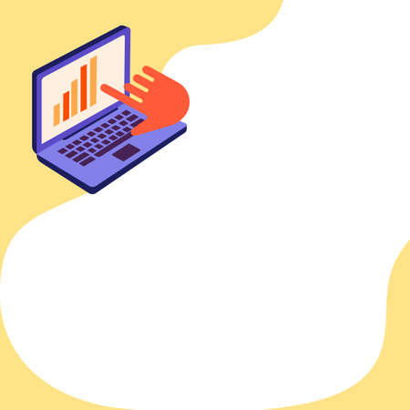 Laptop Drawing Showing Graph Growth Hand Pointing Screen. Notebook Computer Design Displaying Growing Chart Finger Pointing Display.のイラスト素材