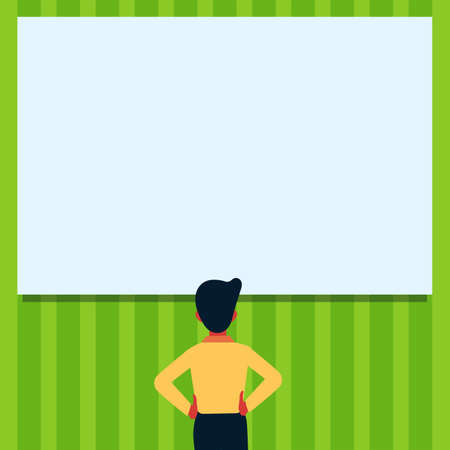 Man Drawing Standing Holding Hips Looking At An Empty Whiteboard. Student Design Stands And Hands On Hip Viewing Blank Board.のイラスト素材