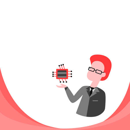 Man Drawing Standing Wearing Glasses Holding Computer Microchip. Gentleman In Suit Design Stands Carrying Electronic Chip Showing New Technology.のイラスト素材