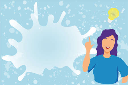 Cheerful Lady Illustration Showing Discovery Of A New Creative Idea With Speech Bubble. Happy Girl Celebrating Her New Solution Finding With Ideas Lamp.のイラスト素材
