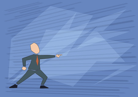 Man In Suit Drawing Half Standing And Pointing Forward Showing Leadership. Gentleman In Uniform Design Points Finger Ahead Displaying Control And Authority.のイラスト素材