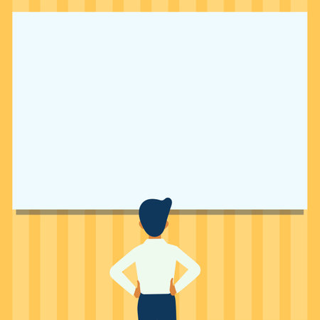 Man Drawing Standing Holding Hips Looking At An Empty Whiteboard. Student Design Stands And Hands On Hip Viewing Blank Board.のイラスト素材