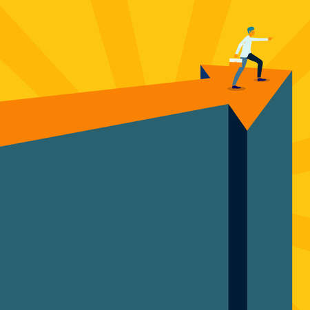 Man Illustration Carrying Suitcase Standing On Top Of Arrow Pointing Out Next Phase Targets. Gentelman Holding Bad Showing Direction For Achieving New Goals.のイラスト素材