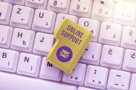 Handwriting text Online Support. Word Written on range of services which helps in solving the buyer s is problem Typing Cooking Lesson Guidebook, Retyping New Online Guidelinesの写真素材