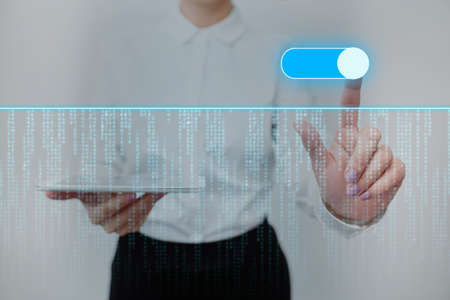Lady In Uniform Standing Holding Tablet And Pressing On Virtual Button.